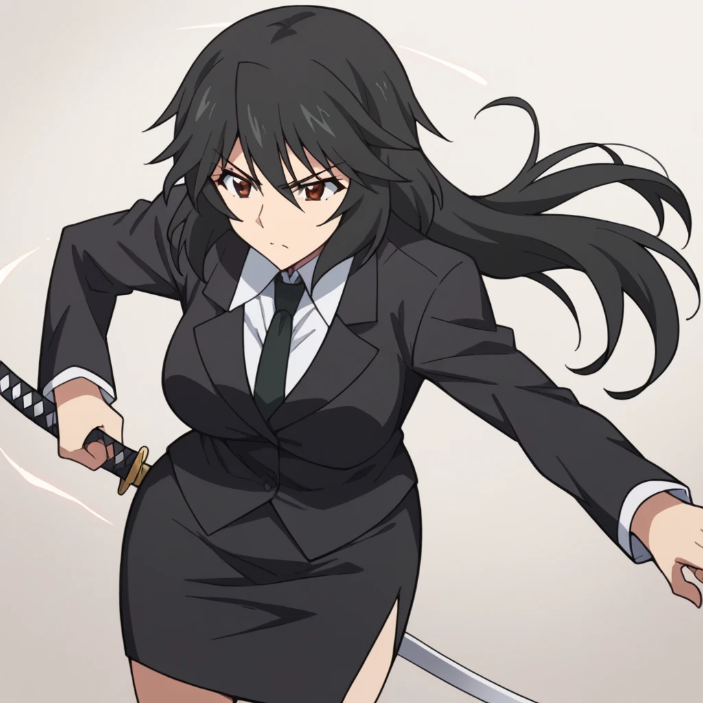 Orimura&#39;Pet, Long Hair, bangs,  black hair,  hair between eyes,  Brown Eyes ,
 skirt,  shirt,  Long Sleeve ,  jacket, white  shirt, tie, black  skirt, black  jacket, formal, suit, black tie, pencil  skirt,  skirt suit,Big Breasts　　Arena　The long Japanese katana　Iaido stance