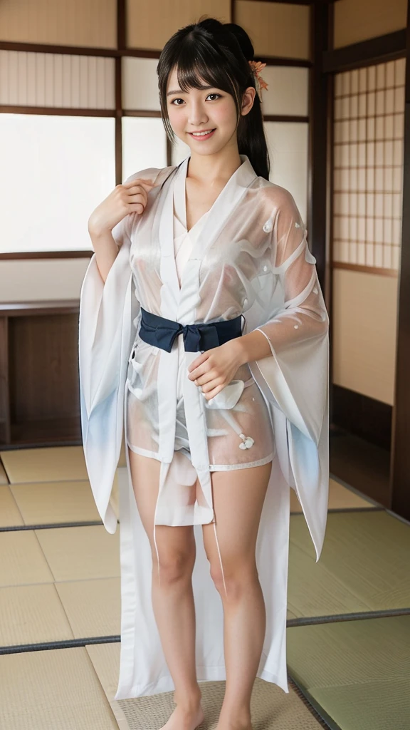 (8k, RAW Photos,Best Quality, High resolution:1.1), (Ultra-realistic:1.9),(Realistic, Realistic:1.5), (Japanese cute Girls:1.5),whole body、(Glowing Skin:1.3),(teen:1.5)Cute Core,ponytail,(very cute:1.5)(cute:1.6)masterpiece, highest quality,blush,smile,(high school girl:1.5)(18 years old:1.5)(see-through:1.5)(1girl:1.5)(cameltoe:1.5),in school,(portrait:1)nipples,(see-through kimono:1.5)white color kimono,small breasts,full body,panties