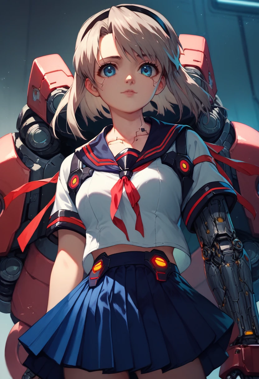 Masterpiece, Best Quality, High Resolution, 1girl Tomoyo Sakagami black hairband blue eyes, Serafuku with short sleeves, red ribbon, blue skirt, cyberpunk, mechanical body, mechanical arms, chest mechanical