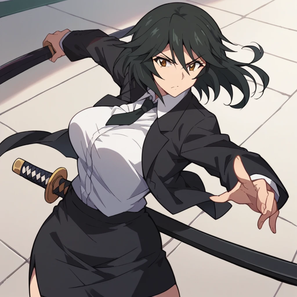 Orimura&#39;Pet, Long Hair, bangs,  black hair,  hair between eyes,  Brown Eyes ,
 skirt,  shirt,  Long Sleeve ,  jacket, white  shirt, tie, black  skirt, black  jacket, formal, suit, black tie, pencil  skirt,  skirt suit,Big Breasts　　Arena　The long Japanese katana　Iaido stance　Slash