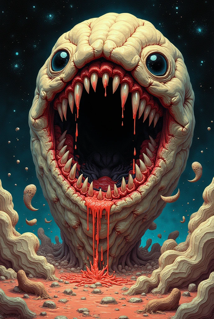 1girl, human girl transforming, fat belly, wide hips, sharp_teeth, bifurcated jaw, blood from mouth, long tongue, sharp claws, arthropod limbs, exposed bone, tentacles, blood stain, deformed, creature, monster, body horror, tearing through clothing, solo, horror \(theme\), outdoors, night, snowing, snowfield, winter, The Thing,