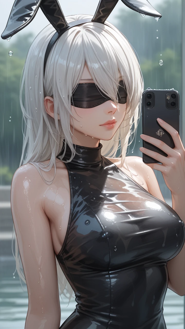 score_9, score_8_up, score_7_up, 1girl, solo, breasts, long hair, dress,bare shoulders, medium breasts, closed mouth, bunny ears, upper body, white hair, sleeveless, mole, blurry, black dress, lips, wet, depth of field, blurry background, turtleneck, phone, wet clothes, mole under mouth, facing viewer, rain, water drop, wet hair, yorha no. 2 type b, blindfold 