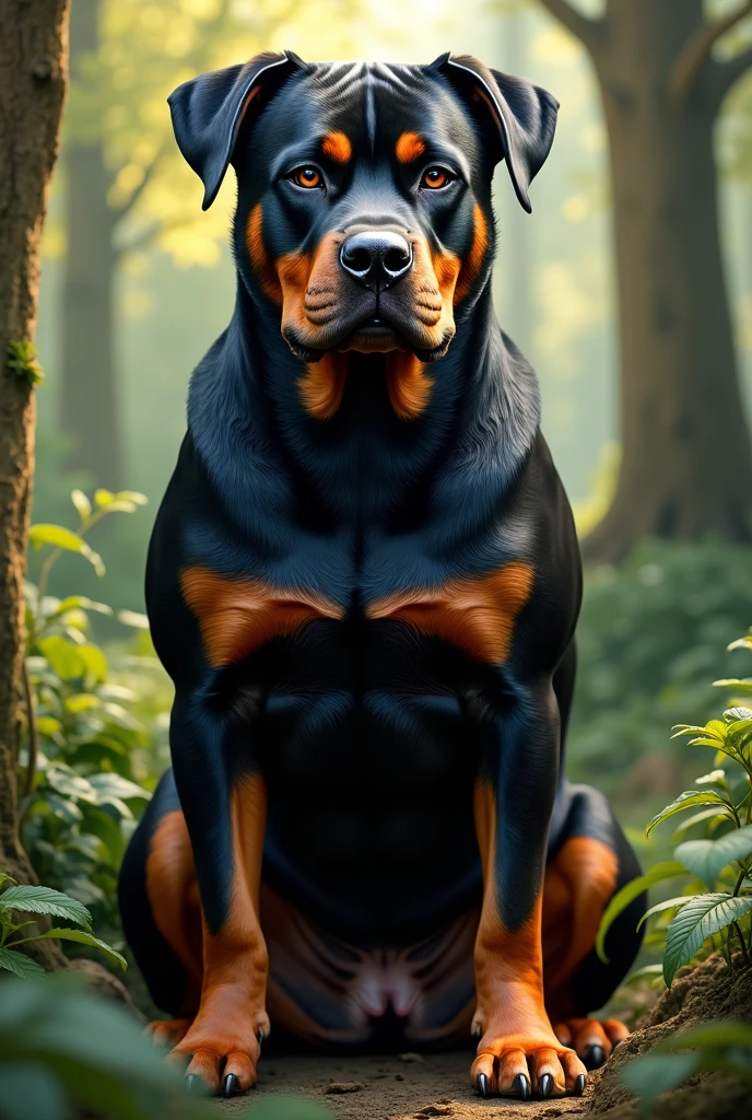 anthro furry rottweiler female, nude, piercing eyes, big breasts, paws, fully covered in fur, sitting on ground, high quality photography, 3 point lighting, flash with softbox, 4k, Canon EOS R3, hdr, smooth, sharp focus, high resolution, award winning photo, 80mm, f2.8, bokeh