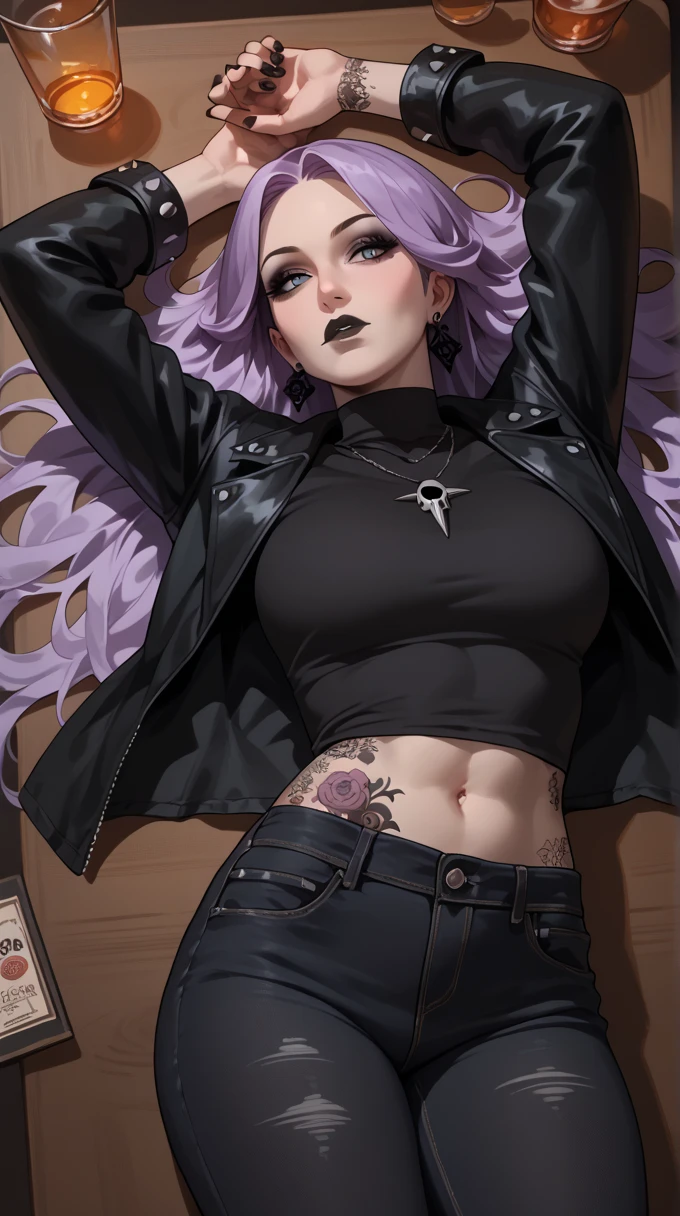 rating_explicit, beautyful woman, gothic, mature woman, tattoos in whole body, slim body, slender body, long sidecut hair, lilac hair, long hair, black spike jacket, black jeans, closed eyes, black lipstick, moan, missionary sex,