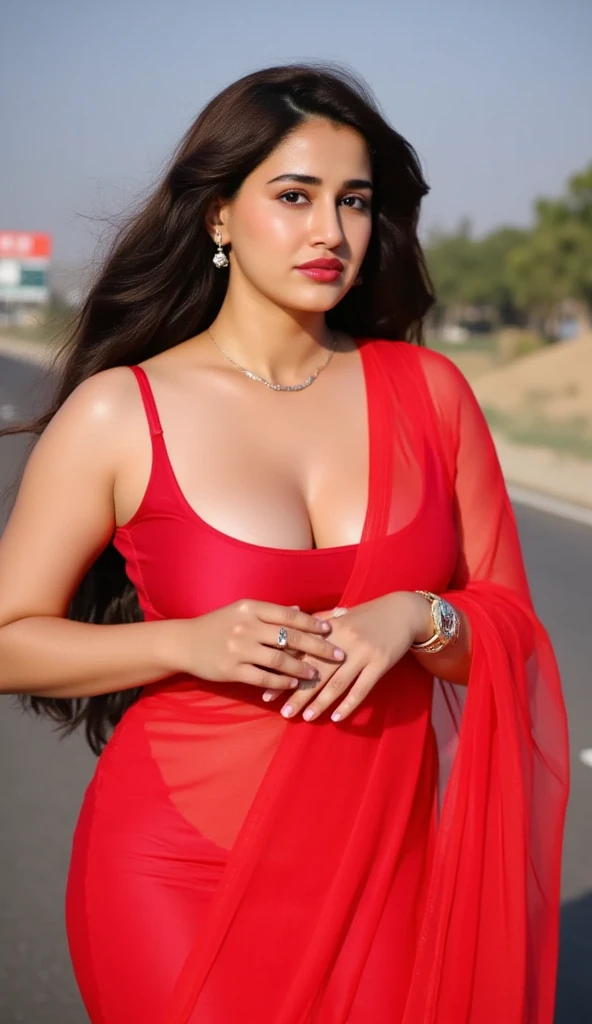 extreme close up photo of indian, curvy, hourglass figure, swooping breasts, deep cleavage, sexy armpits, nipples, seductive eyes, sultry, look at viewer and subtle smile, red saree around neck covering breasts, red lips, on highway road necklace, 4K, HD,No Naked,No nude.