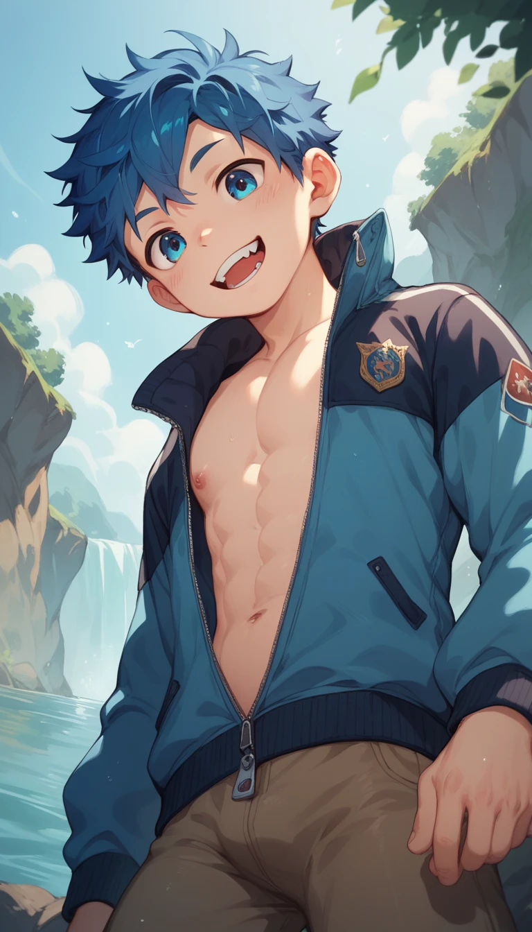 a handsome cute little young boy 3yr cool,messy short blue hair and blue eyes,wearing jacket zipper,watered,from below,in river,showing off his canine teeth,fullbody