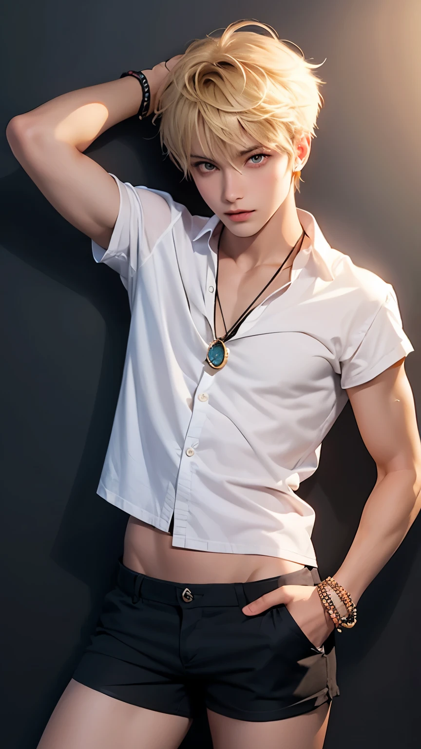 handsome femboy , boy fashion model, sunburnt, cute face, brown eye , Blonde hair, Straight bangs, in a cropped short-sleeved shirt and women's mini shorts that are too short, zero-length shorts and fully expose your legs , long slender legs like a girl , bracelets, flirtatious pose, hot summer , high quality