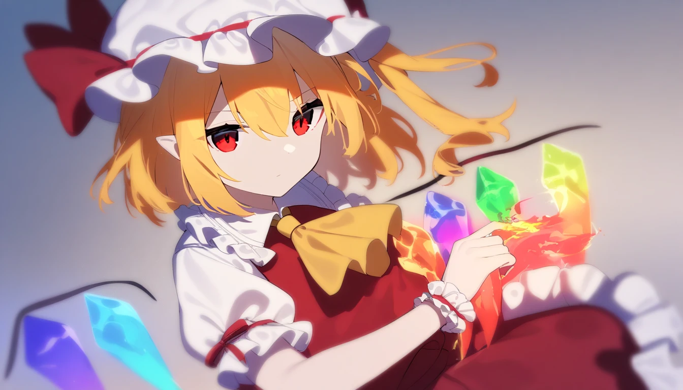  1 girl ,  Flandre Scarlet, East,  Mob Cap , Alone,  blonde hair ,  Red vest, red eyes, crystallization, vest,  White Headwear, Outdoor, Short sleeve,  One side up, holding,  Puff Sleeves ,  skirt,  shirt, pointy ears, red  skirt,  viewers who show the full nudity, puffy Short sleeve,  ascot , yellow  ascot ,  wrist cuffs , white  shirt,  bow, frills, red bow, collared  shirt, ribbon, frilled  shirt collar, red ribbon, Medium Hair Masterpiece ,  best quality,  very aesthetic,  Nonsense　Iridescent Gems