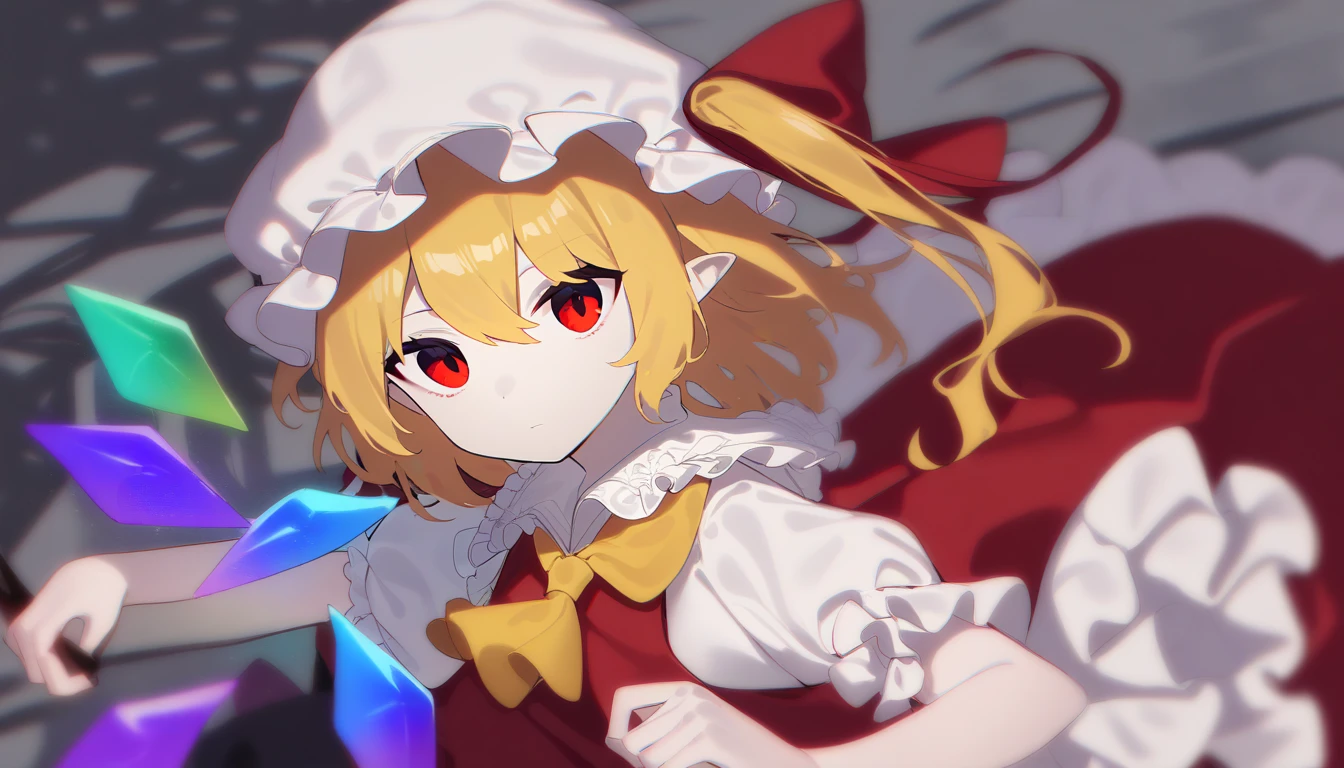  1 girl ,  Flandre Scarlet, East,  Mob Cap , Alone,  blonde hair ,  Red vest, red eyes, crystallization, vest,  White Headwear, Outdoor, Short sleeve,  One side up, holding,  Puff Sleeves ,  skirt,  shirt, pointy ears, red  skirt,  viewers who show the full nudity, puffy Short sleeve,  ascot , yellow  ascot ,  wrist cuffs , white  shirt,  bow, frills, red bow, collared  shirt, ribbon, frilled  shirt collar, red ribbon, Medium Hair Masterpiece ,  best quality,  very aesthetic,  Nonsense　Iridescent Gems