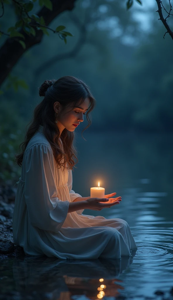 a transgender woman, appeared Hispanic, Caucasian skin, adult, slim, Bullish, almost no breast, very short hair at nose level, light brown in color, with light and clear clothes, on his knees, with a countenance of respect and adoration, lights a pink candle next to a simple bouquet of white flowers, on the edge of a river source, beautiful and peaceful, on a beautiful sunset, with the reddish and yellow sky, with a beautiful and cozy mist.