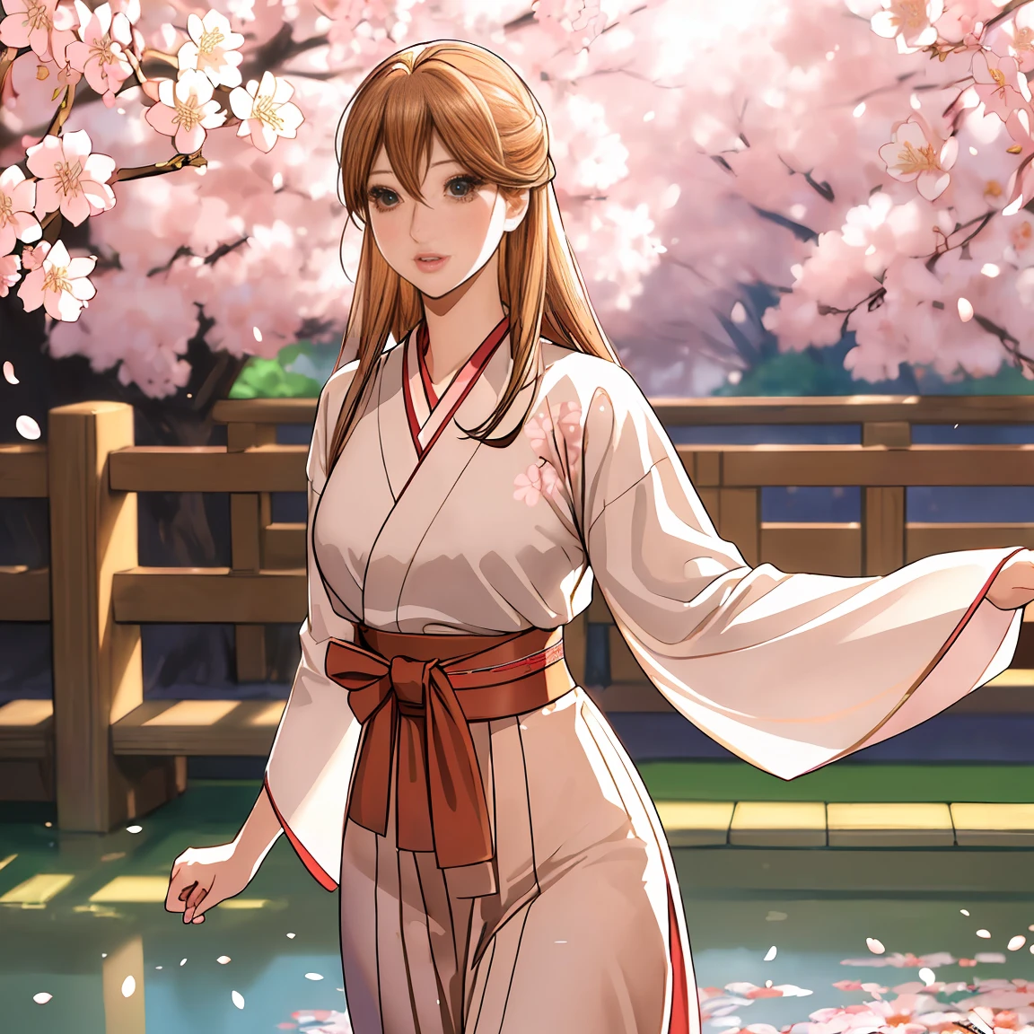 masterpiece, A high resolution, best quality, hyper HD, 16k, ****ung woman, create a tall, athletic young woman (Chihaya Ayase (Chihayafuru)) with sharp yet delicate features, standing confidently in a traditional Japanese setting. She has long, flowing brown hair cascading gracefully, almond-shaped eyes that are large and expressive, and light brown irises with a golden hue, reflecting determination and passion. Her slender nose and soft pink lips enhance her poised and elegant appearance. Her slim, toned figure is dressed in a traditional red and white hakama, complementing her graceful and confident pose. The scene features blooming cherry blossoms under soft, natural lighting, creating a cinematic and serene atmosphere