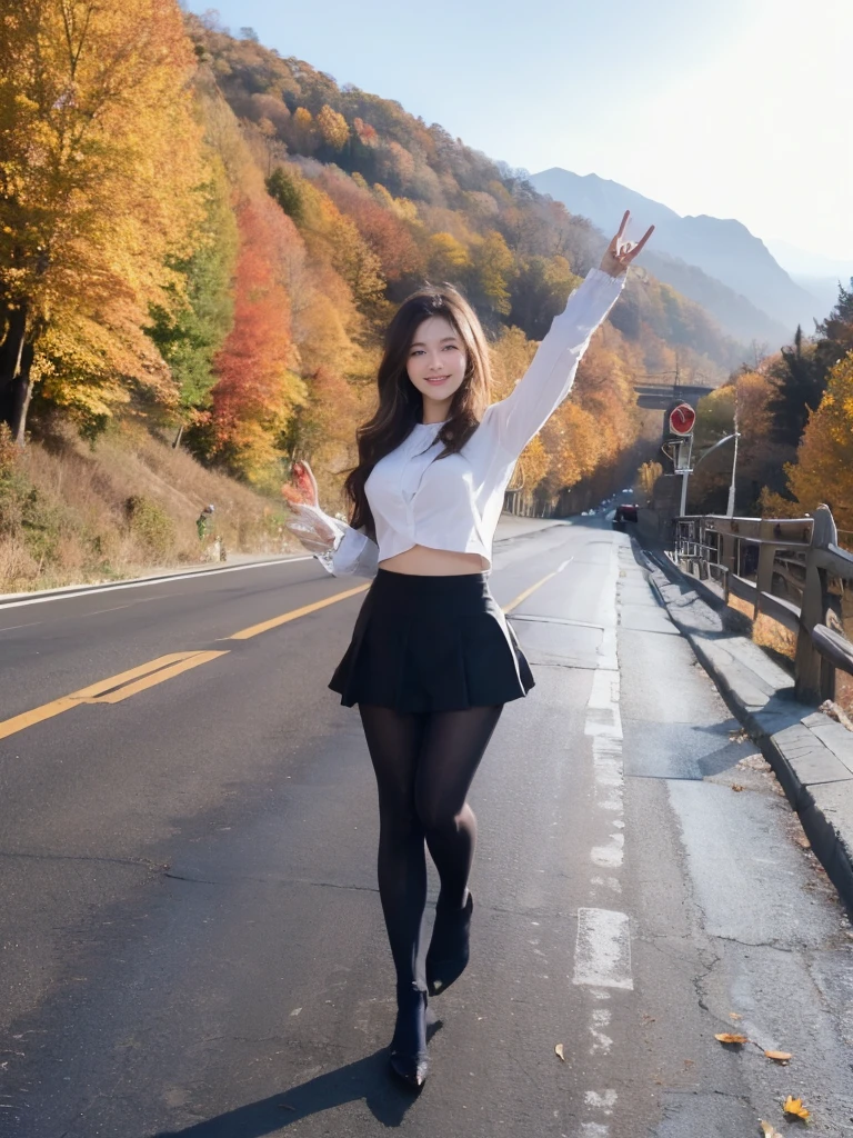 (((masterpiece))), ((( best quality: 1.4))), (( super detailed: 1.4)) ,  movie lights, Incredible beauty、Popular Idol、 pretty girl、
 mountain road full of autumn leaves、( Fall Fashion )、 flare mini skirt、 Ultra Realistic Pantyhose、turn around、Happy smile、Happy smiles 、