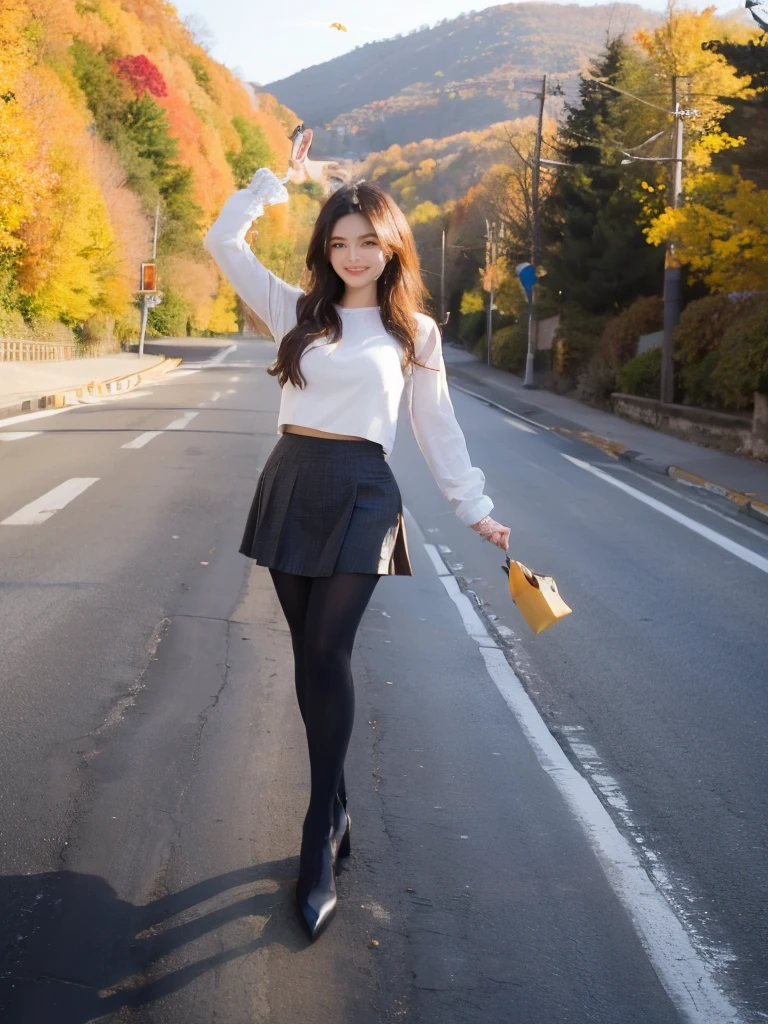 (((masterpiece))), ((( best quality: 1.4))), (( super detailed: 1.4)) ,  movie lights, Incredible beauty、Popular Idol、 pretty girl、
 mountain road full of autumn leaves、( Fall Fashion )、 flare mini skirt、 Ultra Realistic Pantyhose、turn around、Happy smile、Happy smiles 、