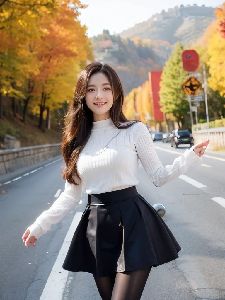 (((masterpiece))), ((( best quality: 1.4))), (( super detailed: 1.4)) ,  movie lights, Incredible beauty、Popular Idol、 pretty girl、
 mountain road full of autumn leaves、( Fall Fashion )、 flare mini skirt、 Ultra Realistic Pantyhose、turn around、Happy smile、Happy smiles 、