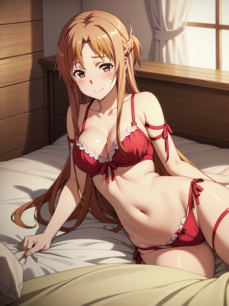 (masutepiece, Best Quality, hight resolution, nffsw, Perfect Pixel, depth of fields, 4K), Beautiful anime girl, Perfect body ,, , Eft_sao_asuna,, long hair, asuna (sao), brown hair, brown eyes, , , very long hair, ,  , (lingerie), bare shoulders, sweat, cleavage, navel, (lying:1.4),, indoor , bed room, on bed, (blush:1.2), smile, lying on back, night, from above