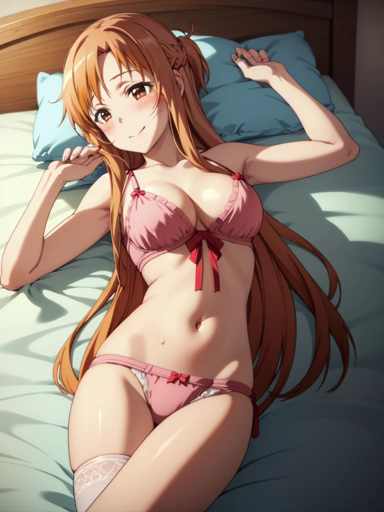 (masutepiece, Best Quality, hight resolution, nffsw, Perfect Pixel, depth of fields, 4K), Beautiful anime girl, Perfect body ,, , Eft_sao_asuna,, long hair, asuna (sao), brown hair, brown eyes, , , very long hair, ,  , (lingerie), bare shoulders, sweat, cleavage, navel, (lying:1.4),, indoor , bed room, on bed, (blush:1.2), smile, lying on back, night, from above