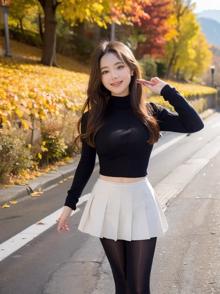 (((masterpiece))), ((( best quality: 1.4))), (( super detailed: 1.4)) ,  movie lights, Incredible beauty、Popular Idol、 pretty girl、
 mountain road full of autumn leaves、( Fall Fashion )、 flare mini skirt、 Ultra Realistic Pantyhose、turn around、Happy smile、Happy smiles 、