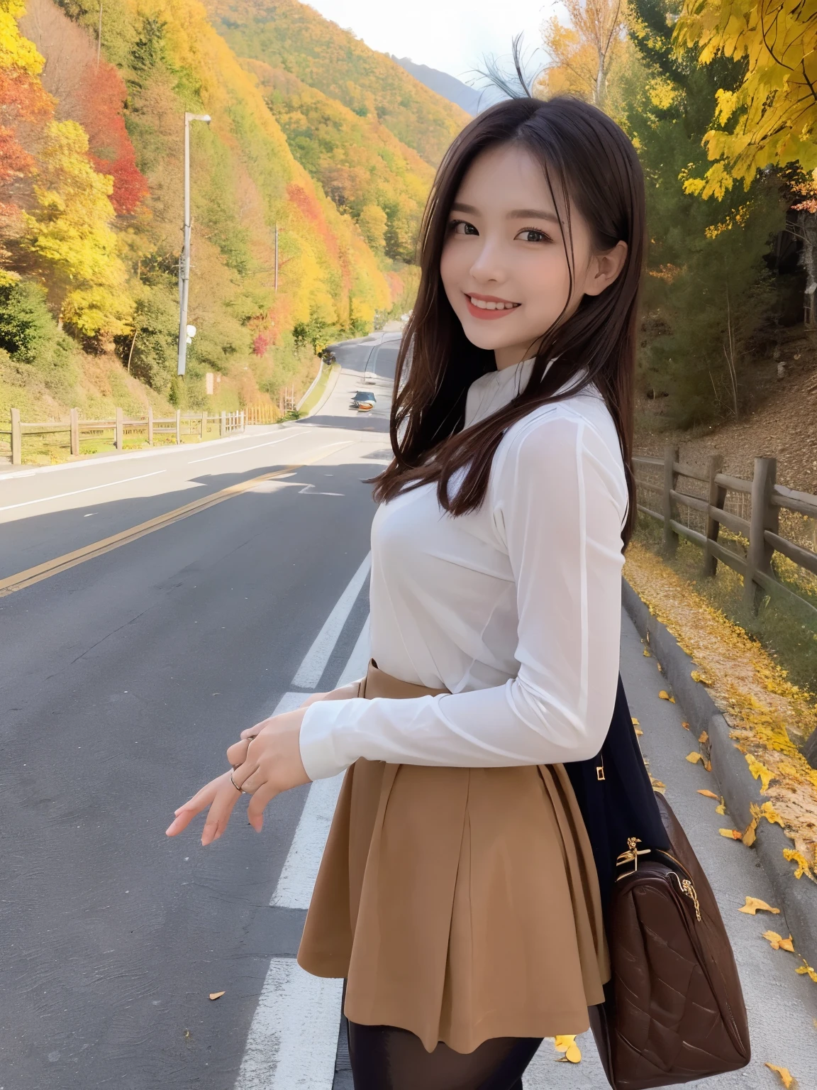 (((masterpiece))), ((( best quality: 1.4))), (( super detailed: 1.4)) ,  movie lights, Incredible beauty、Popular Idol、 pretty girl、  mountain road full of autumn leaves、( Fall Fashion )、 flare mini skirt、 Ultra Realistic Pantyhose、turn around、Happy smile、Happy smiles 、