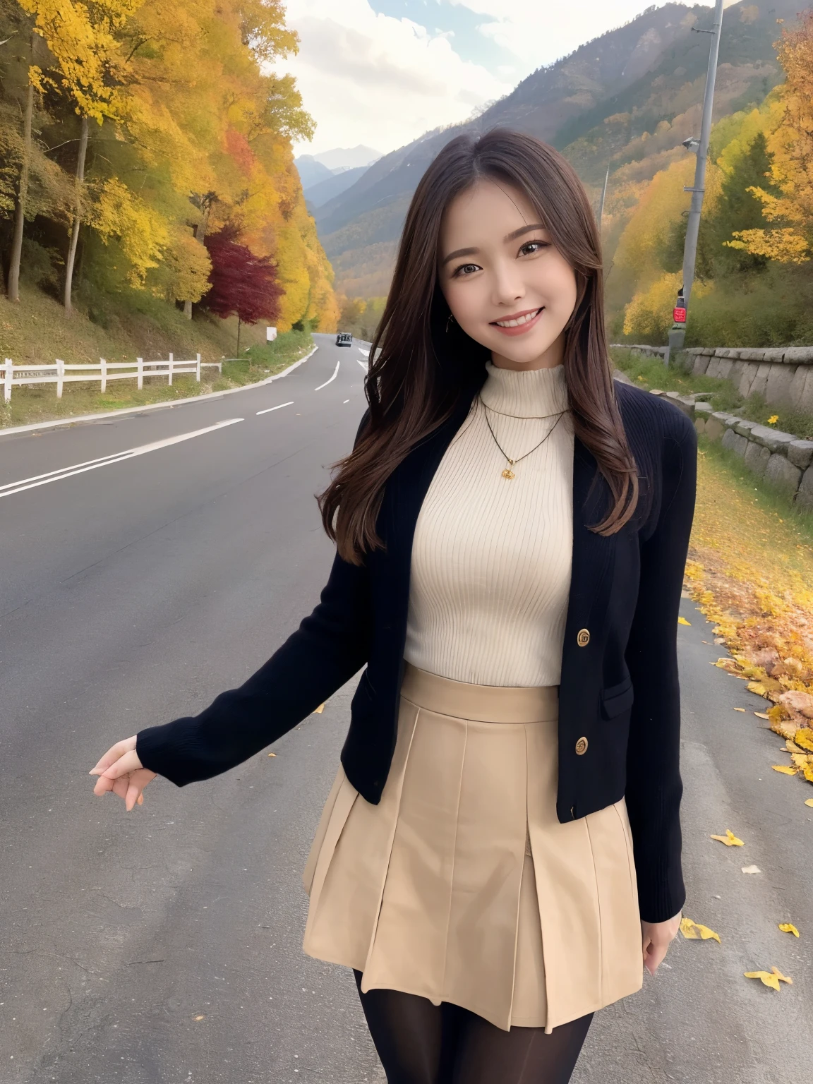 (((masterpiece))), ((( best quality: 1.4))), (( super detailed: 1.4)) ,  movie lights, Incredible beauty、Popular Idol、 pretty girl、  mountain road full of autumn leaves、( Fall Fashion )、 flare mini skirt、 Ultra Realistic Pantyhose、turn around、Happy smile、Happy smiles 、