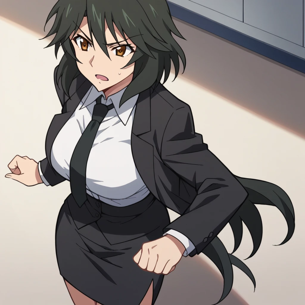 Orimura&#39;Pet, Long Hair, bangs,  black hair,  hair between eyes,  Brown Eyes ,
 skirt,  shirt,  Long Sleeve ,  jacket, white  shirt, tie, black  skirt, black  jacket, formal, suit, black tie, pencil  skirt,  skirt suit,Big Breasts　　wilderness　evening　Meitomura Tadashi 　Iaido stance　Slash　 high angle