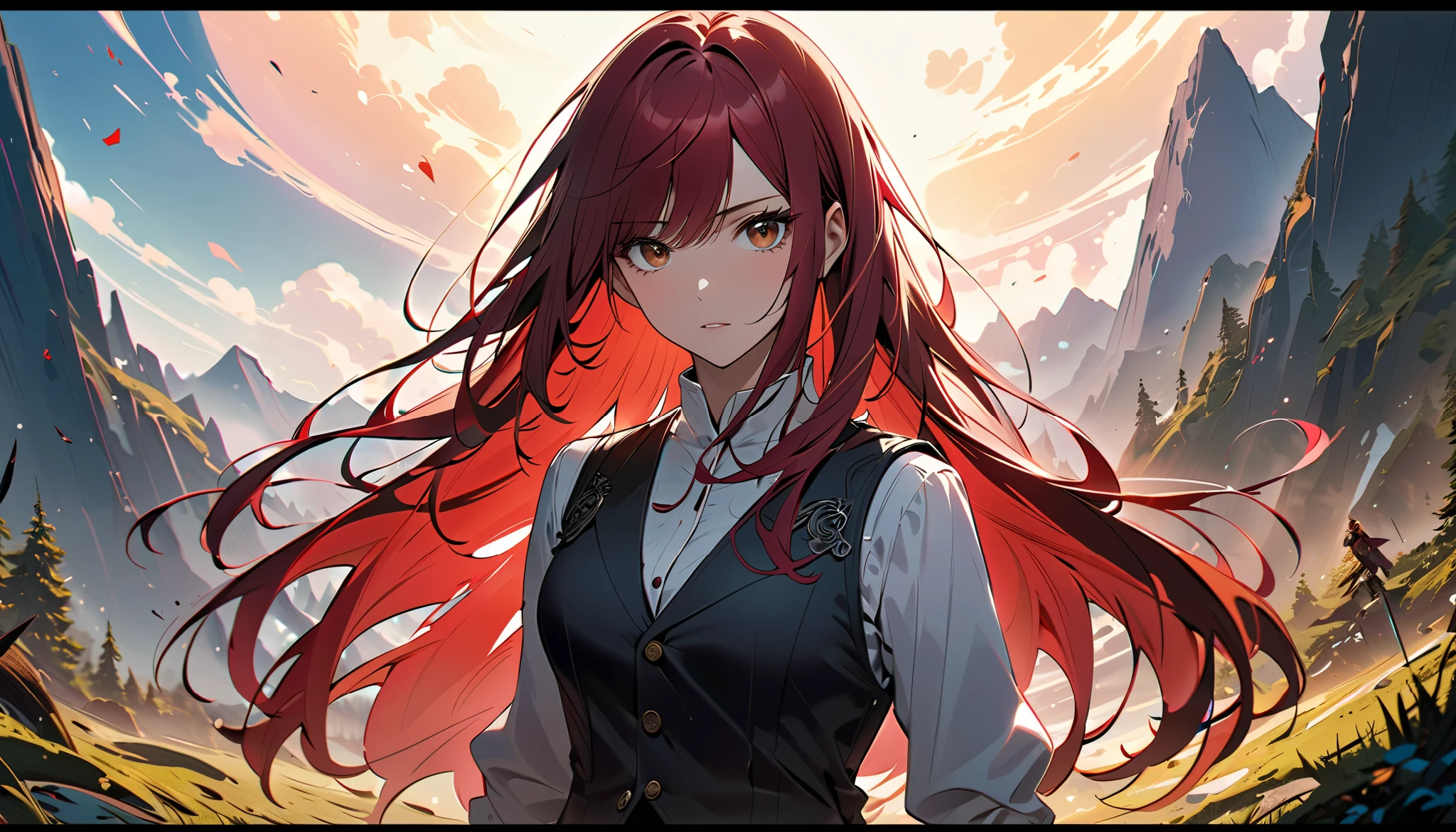 Anime girl with red hair and a black vest standing in a field - SeaArt AI