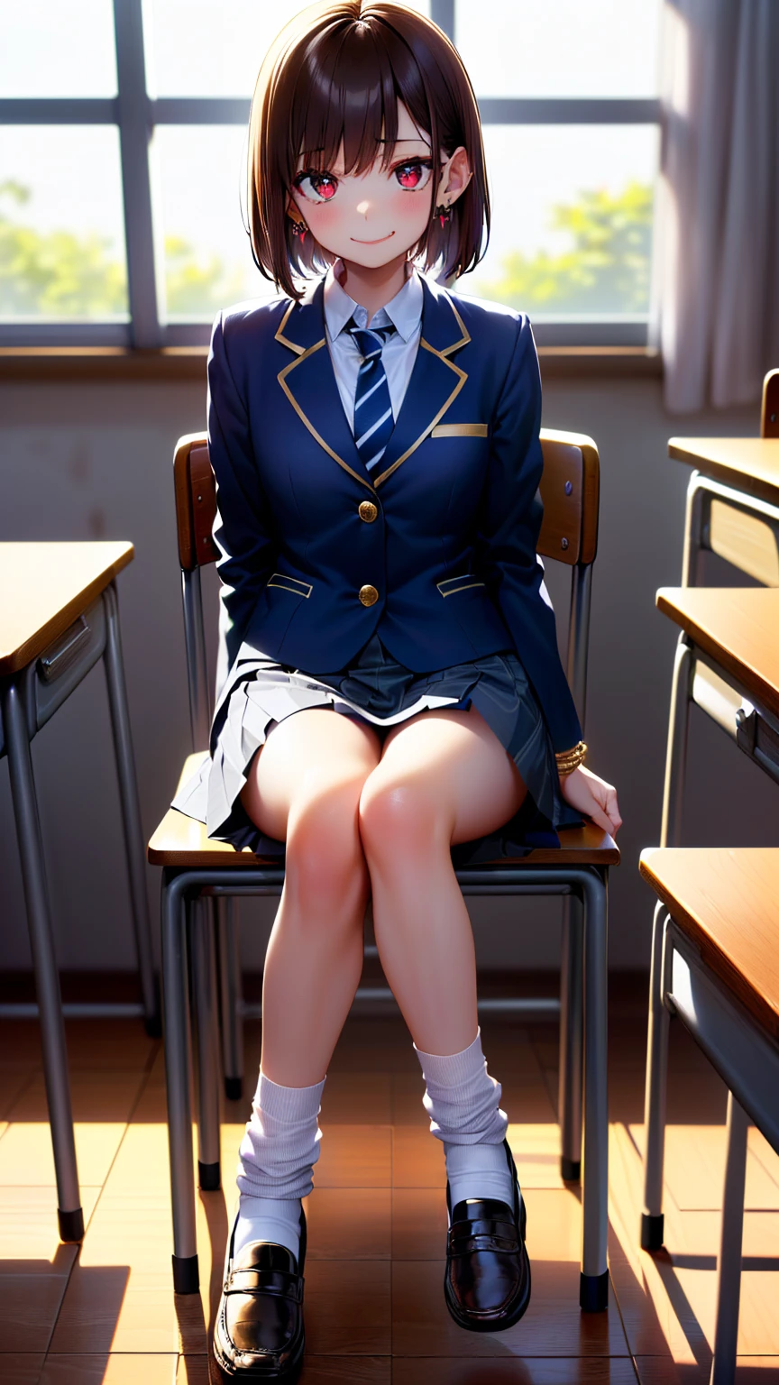 (masterpiece:1.2, top-quality), (realistic, photorealistic:1.4), beautiful illustration, NSFW, 
looking at viewer, cowboy shot, front view:0.8, 
1 girl, japanese, high school girl, black hair, (middle hair:1.4, low ponytail:1.2), bangs, hair between eye, blue eyes, large breasts:1.0, black-rimmed glasses, (thick thighs), 
beautiful hair, beautiful face, beautiful detailed eyes, beautiful clavicle, beautiful body, beautiful chest, beautiful thigh, beautiful legs, beautiful fingers, 
(beautiful scenery), dawn, bright and refreshing classroom, desks, chairs, curtains, 
((dark blue blazer, dark blue pleated miniskirt, socks, private school uniform:1.2, russet necktie)), white panties, 
(swollen), ((seductive posture: 1.2, attractiveness: 1.2)), (idle),
(erotic,sexy, upper eyes, smiling smile: 1.2), shiny skin, open mouth, 
perfect face, cute and symmetrical face, natural side lighting, movie lighting),