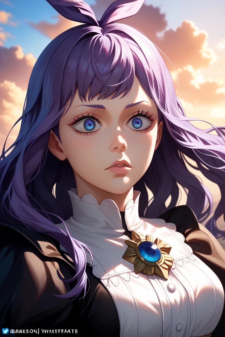 ( masterpiece ,  Best Quality ,  High resolution, 8K:1.2), (Anime coloring), confused,  detailed face,  beautiful face , (  beautiful eyes of God  ,  deep eyes ), A girl, (( Dynamic pose )), Dorothy Unsworth ,  black clover purple and sky blue eyes,  purple hair , long hair, alone,  looking at the spectator,  long hair , blows, ( medium breasts :1.0),