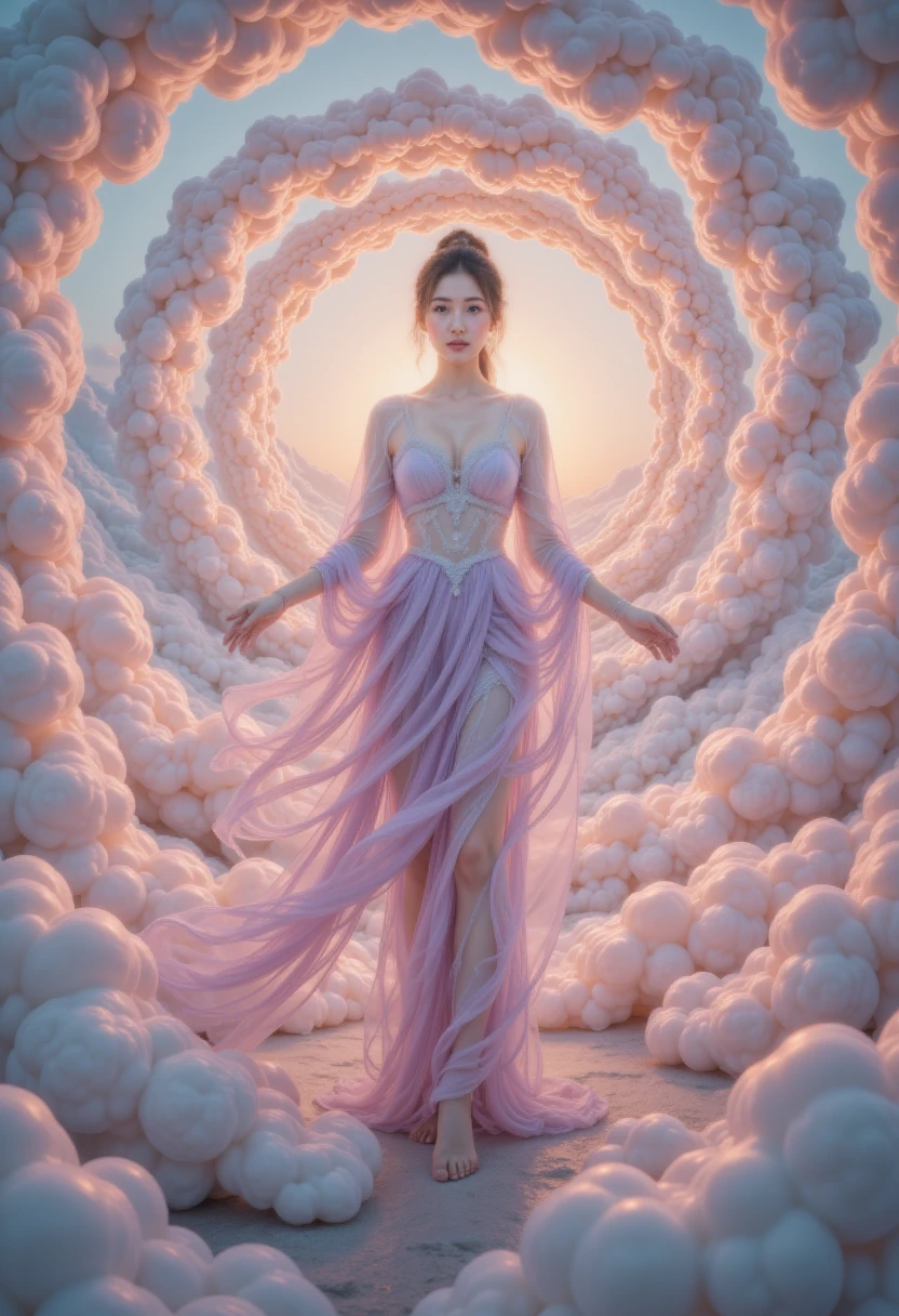 one lady， twilight ，Spiral Cloud，(超Reality:1.4)，((( Full body shot :1.5)))，original，emotion，Dynamic，扭曲emotion效果， energetic ， stylized images of girls using unusual colors ，Lovely photography ，(Reality， pictures are realistic:1.4)， marshmallow girls ， made of pink and blue marshmallows，Excellent， delicate eyes ， exquisite face ， delicate skin，Delicate hands， faint smile, direction, 超Reality主义, drop shadow, Relief, chibate , Standing picture, Throw,  atmospheric perspective, 8K,  super detailed , precise,  best quality ,  Anatomically Correct ,  textured skin 