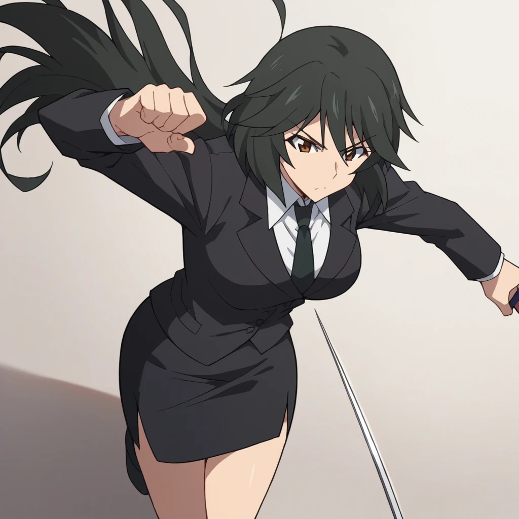 Orimura&#39;Pet, Long Hair, bangs,  black hair,  hair between eyes,  Brown Eyes ,
 skirt,  shirt,  Long Sleeve ,  jacket, white  shirt, tie, black  skirt, black  jacket, formal, suit, black tie, pencil  skirt,  skirt suit,Big Breasts　　wilderness　evening　Japanese katana:(Meitomura Tadashi )　Iaido stance　Slash　 high angle