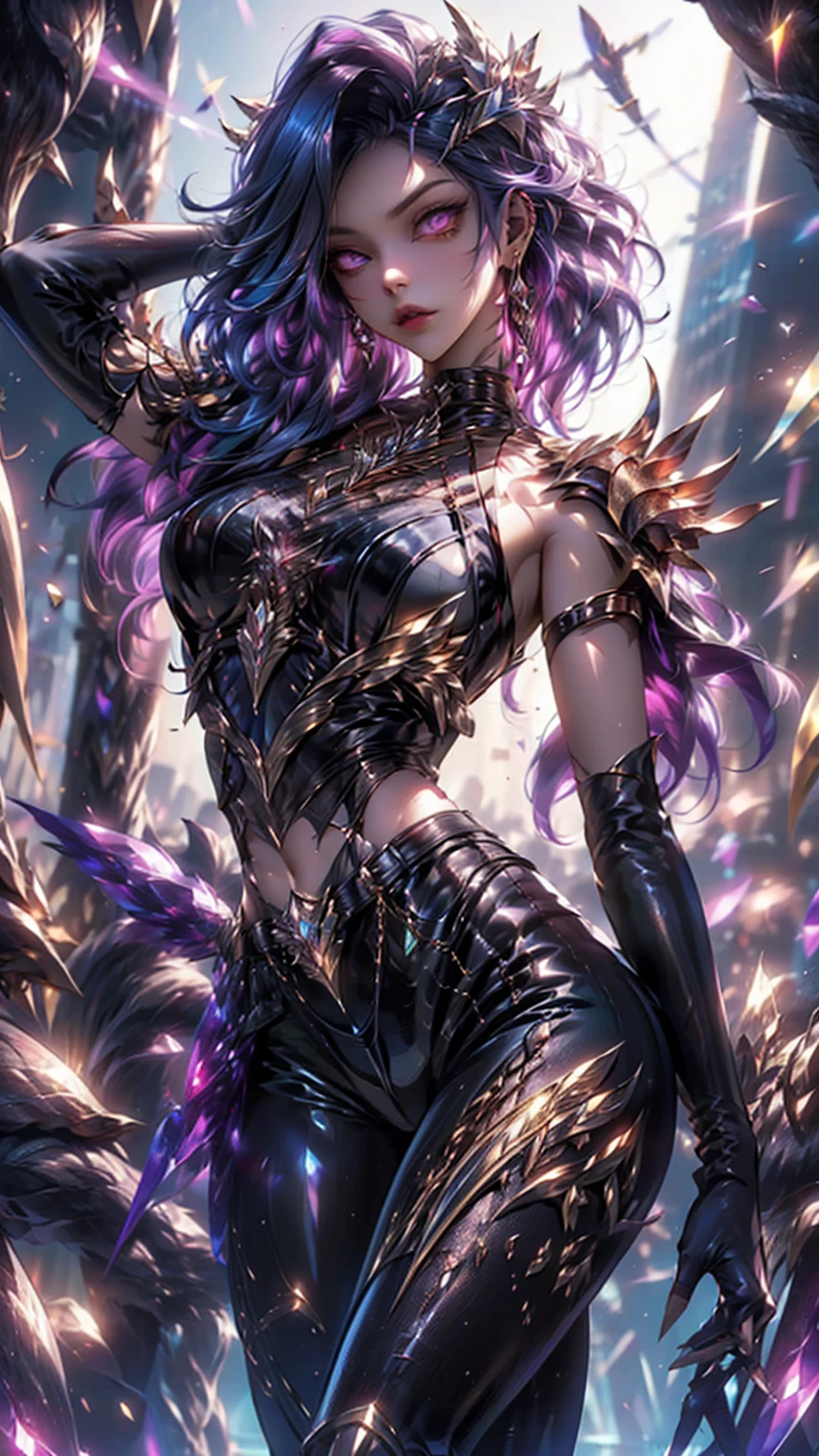 (masterpiece, best quality),1girl with long purple-black hair standing on the edge of a sky scraper, swedish face with sharp features, warm lighting,  glowing purple eyes, (golden-tan skin: high priority),detailed-beautiful eyes,gothic fantasy armour