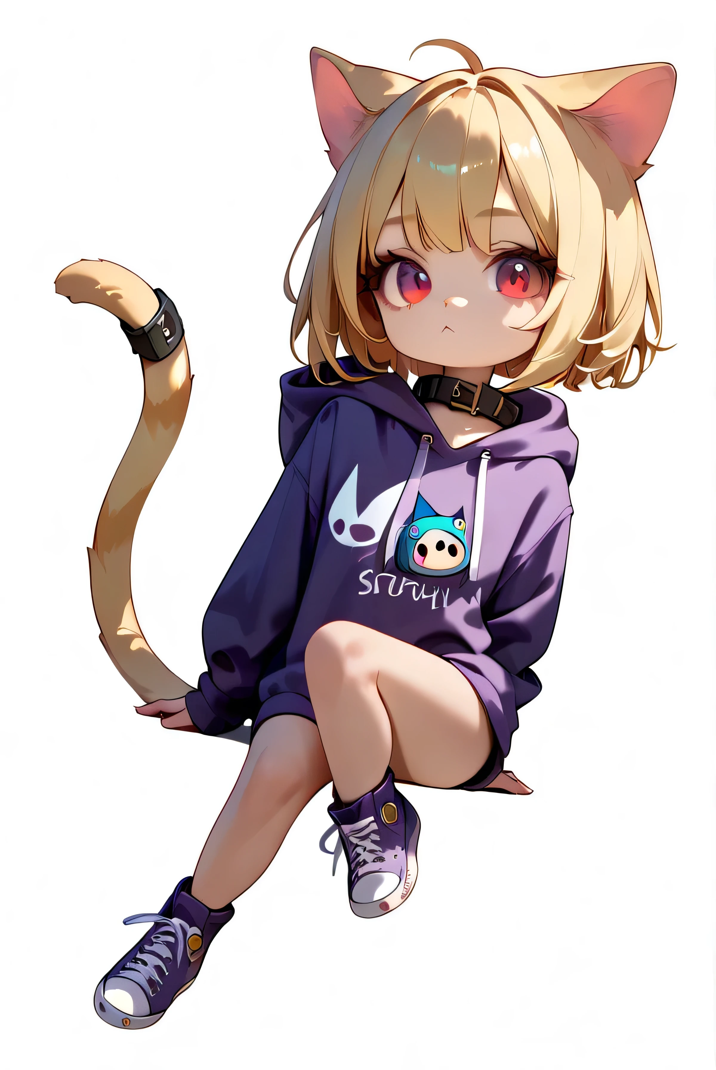 Chibi character, Second Dimension, cute, Blonde、 short hair 、Golden cat ears、Red eyes、Big Eyes、Black collar、Purple hoodie、White background、