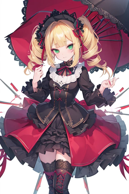 (((Highest quality ultra detailed,Unity 8k))),Twin Drill,emerald eye,Posing,blazer:1.1 (Gothic Lolita:1.2),,blunt bangs,lace up boots,Blonde,medium hair,knife,Licking one&#39;s lips,looking down, watching at Viewer:1.3,looking down,smile
