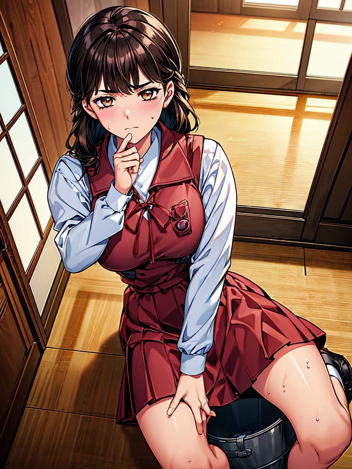 School uniform, red ribbon,long sleeves,white shirt,Brown Vest, black_hair,Long_hair,Bangs,Brown_eyes,Yellow hair ribbon, 1 girl, 18yo,Young female,Beautiful Finger,Beautiful long legs,Beautiful body,Beautiful Nose,Beautiful character design, perfect eyes, perfect face,expressive eyes,perfect balance, looking at viewer,closed mouth,serious, official art,extremely detailed CG unity 8k wallpaper, perfect lighting,Colorful, Bright_Front_face_Lighting,shiny skin, (masterpiece:1.0),(best_quality:1.0), ultra high res,4K,ultra-detailed, photography, 8K, HDR, highres, absurdres:1.2, Kodak portra 400, film grain, blurry background, bokeh:1.2, lens flare, (vibrant_color:1.2),professional photograph, (Beautiful,large_Breasts:1.4), (beautiful_face:1.5),(narrow_waist),2girls,break ((School uniform)), laced panties and bra, break 2girl, at janitor's room, ((sitting on the metal bucket at side by side:1.2)), ((a lot of public hairs:1.4)) ,((defecating:1.2)), ((poo:1.2)), looking at viewer, break ((2janitor's men)), break (embarrassed:1.2)),((blush:1.2),sweat, break janitor's room, tatami, (detailed janitor's room interior:1.3), break from above view,