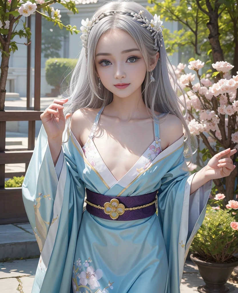 a close up of a woman in a white dress with purple flowers, a beautiful fantasy empress, japanese goddess, 8k high quality detailed art, palace ， a girl in hanfu, trending on cgstation, pale milky white porcelain skin, beautiful alluring anime woman, white haired deity, ((a beautiful fantasy empress)), asian hyperdetailed, inspired by Lan Ying wear hijab 