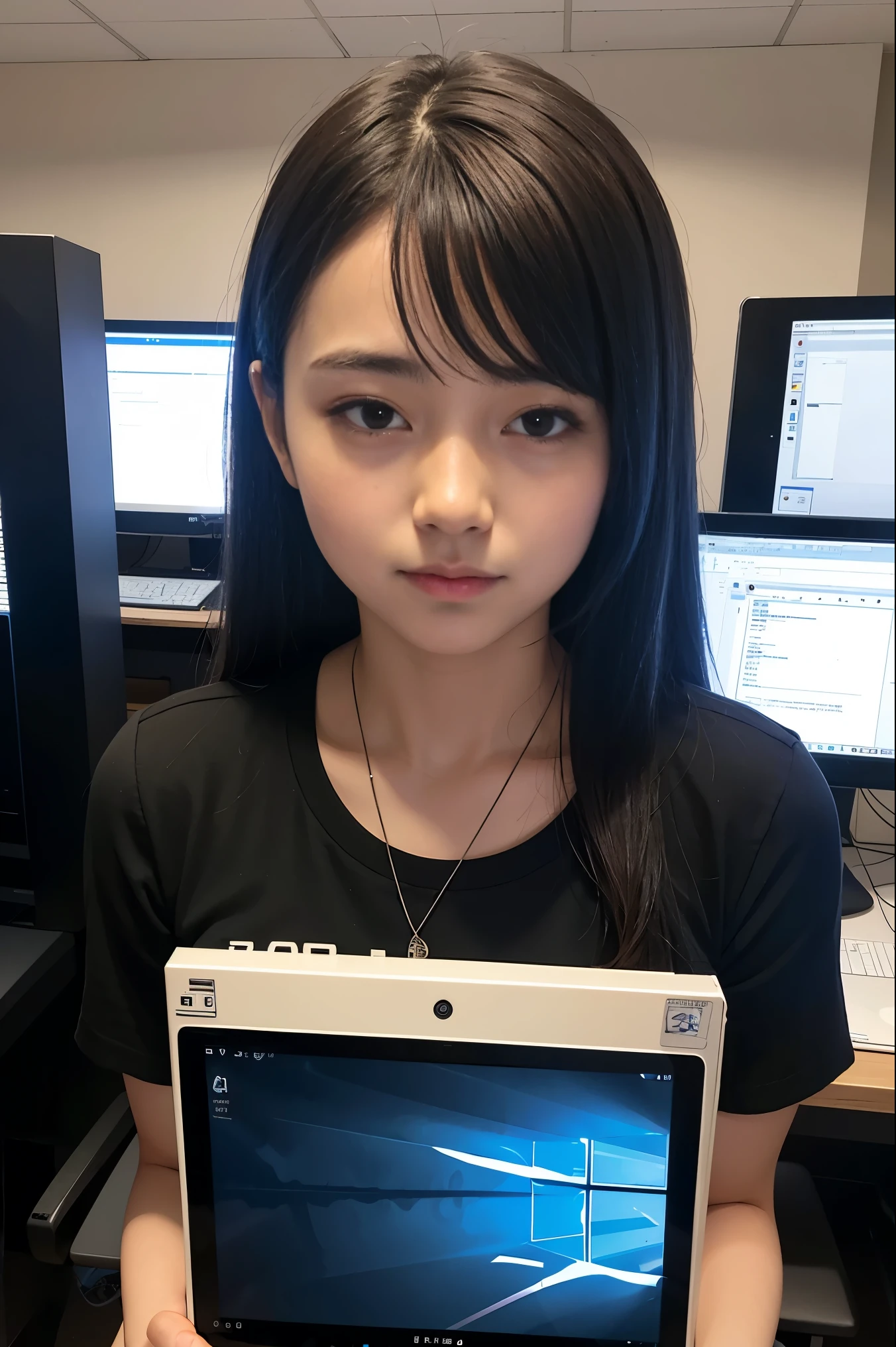 selfie, same girl, in front of a screen computer Mobile Legends, dark room with led lights,18 years,hits,a small smile,Thighs,knees,medium hair with strands, chestnut ,From above, Front light, taken with one hand, Casual, with face masks.