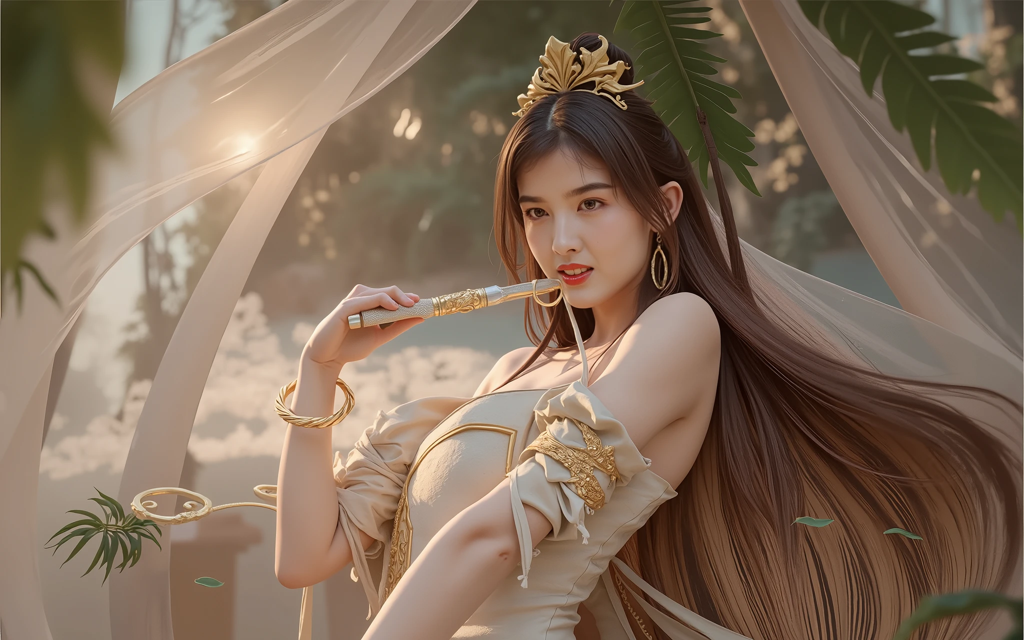 there is a woman in a white dress posing with a flute, trending on cgstation, guweiz, artwork in the style of guweiz, japanese goddess, wlop and sakimichan, a beautiful fantasy empress, cinematic. by leng jun, by Yang J, wlop and ross tran, by Victor Wang, chengwei pan on artstation