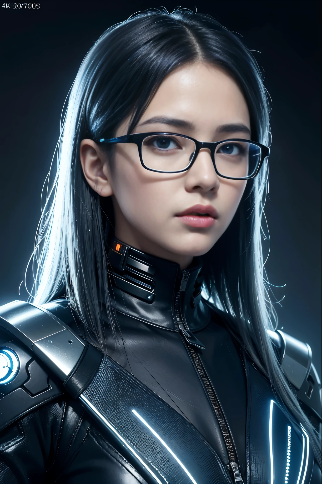 ((top-quality)), ((​masterpiece)), ((realisitic)), (detaileds), (Photorealsitic:1.5), Futuristic girl, messy hair, wearing eye glasses, japanes,(thick body), (big boobs), (white bodysuit), 23years old,lights on armor, Cybernetic Headwear, Exposure of the abdomen,Looking at the camera, dynamicposes, scientific fiction, HDR, Ray traching, NVIDIA RTX, Hyper-Resolution, Unreal 5, sub-surface Scattering, PBR Texturing, post processed, Anisotropy Filtering, depth of fields, Maximum clarity and sharpness, thirds rule、8K RAW、(Luminescent particles:1.4)、(extremely details CG、Unity 8k Wallpapers、3D、lighting like a movie、lensflare)、Reflectors、foco nítido、Cyberpunk Art、Cyberpunk architecture、