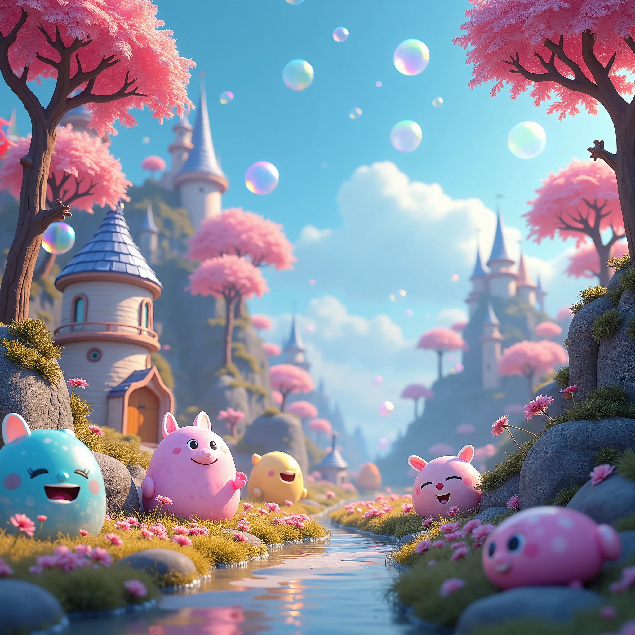  magic bubble world ,bubble houses , bubble trees ,  where everything around is made of magic bubbles {x} and even unusual animals and sumpy ones made of magic bubbles, funny PIXAR style , magic foam bubble world , magical bubble world . highest quality and detail 