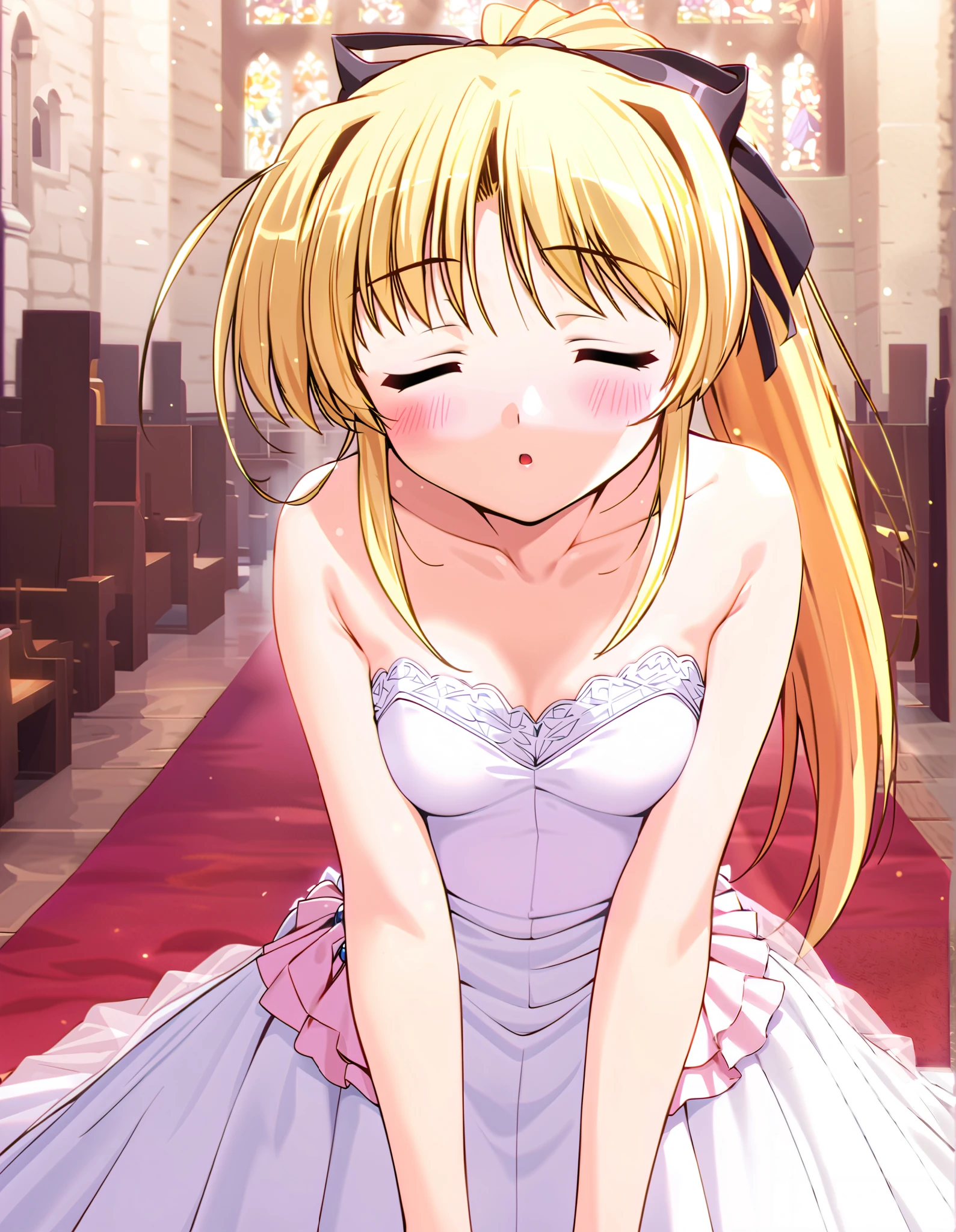 cynthia marguerite, (face focus:1.2), (superior半身), blonde hair, red eyes, ponytail, long hair, hair ribbon, ( small breasts), ( cleavage), ( wedding dress:1.2), (Red cheeks:1.2), ( is fascinated:1.2), (incoming kiss), (closed eyes:1.2), ( Wedding Style), (church:1.3),  score_9,  score_8_superior,  score_7_superior,  source_anime, (best quality1.2), 細部までこだわったanime,  high quality, full color, 8k, natural body shape,  high definition 