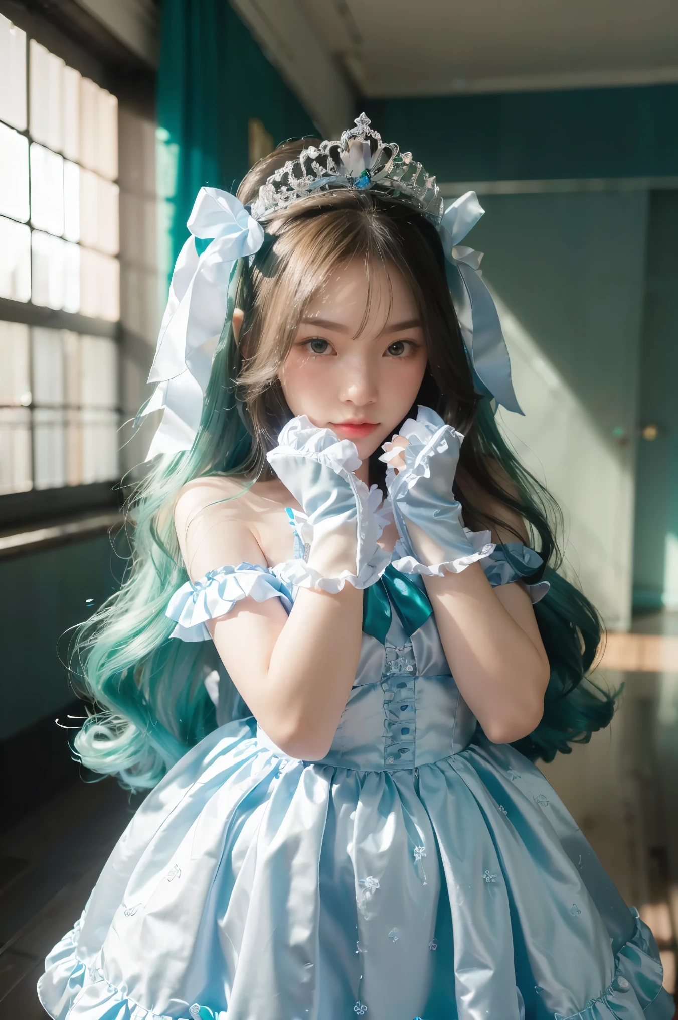 (artwork), (amazing work), (indirect linear lighting), (Chibi-cute studios), (Gif cute anime), (cute cute kawaii), (extremely detailed CG 8k unit wallpaper), (1girl) wearing cute dress, long blue hair with cute ruffled tiara, wearing silk gloves, white skin, green blue eyes, (cute kawaii)