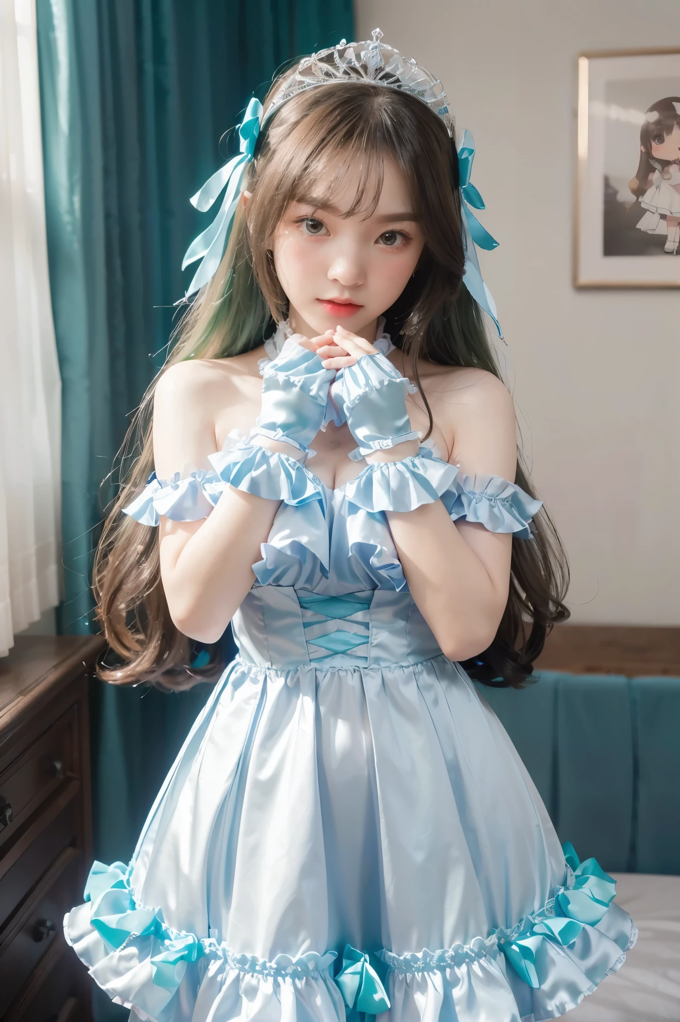 (artwork), (amazing work), (indirect linear lighting), (Chibi-cute studios), (Gif cute anime), (cute cute kawaii), (extremely detailed CG 8k unit wallpaper), (1girl) wearing cute dress, long blue hair with cute ruffled tiara, wearing silk gloves, white skin, green blue eyes, (cute kawaii)