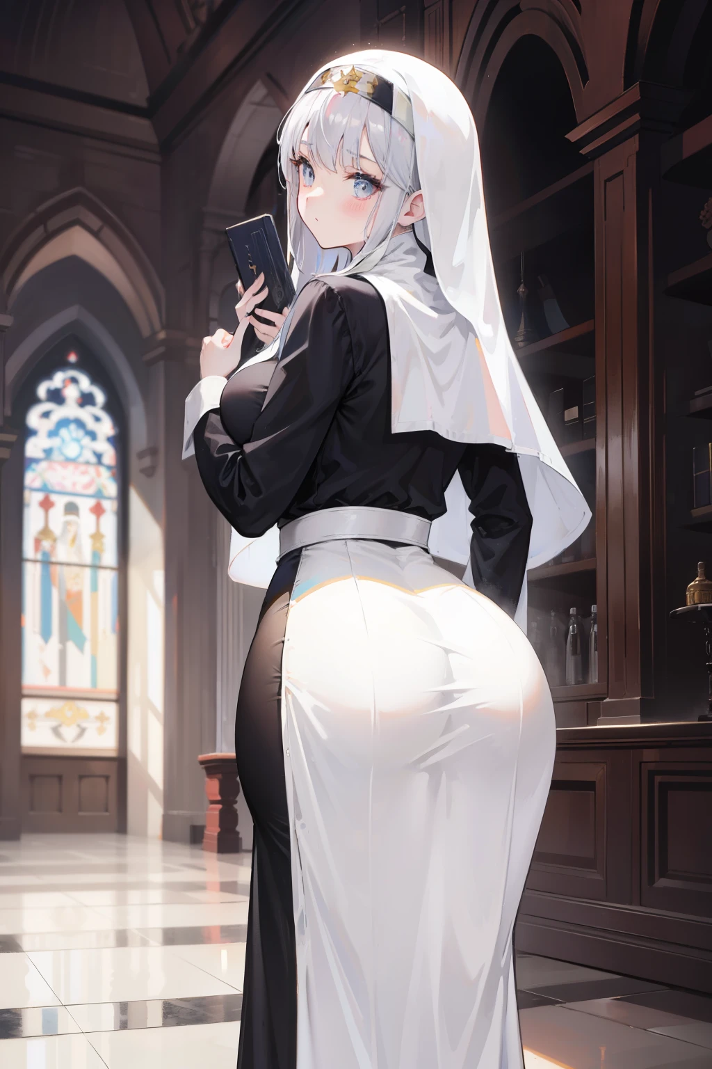 lewd nun, goddess of beauty, silver hair, beautiful dress, image from behind, thicc, Curch 1950