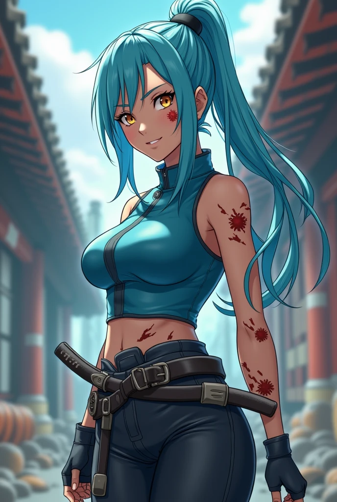 ( high quality , Super detailed, Watch your hands ),Blue Hair,Long Hair,Female Swordsman,Slut,Revealing clothing,Belt on waist,Without skirt,Nipple piercing,No underwear,High heels,Serious face,Inside the ruins,