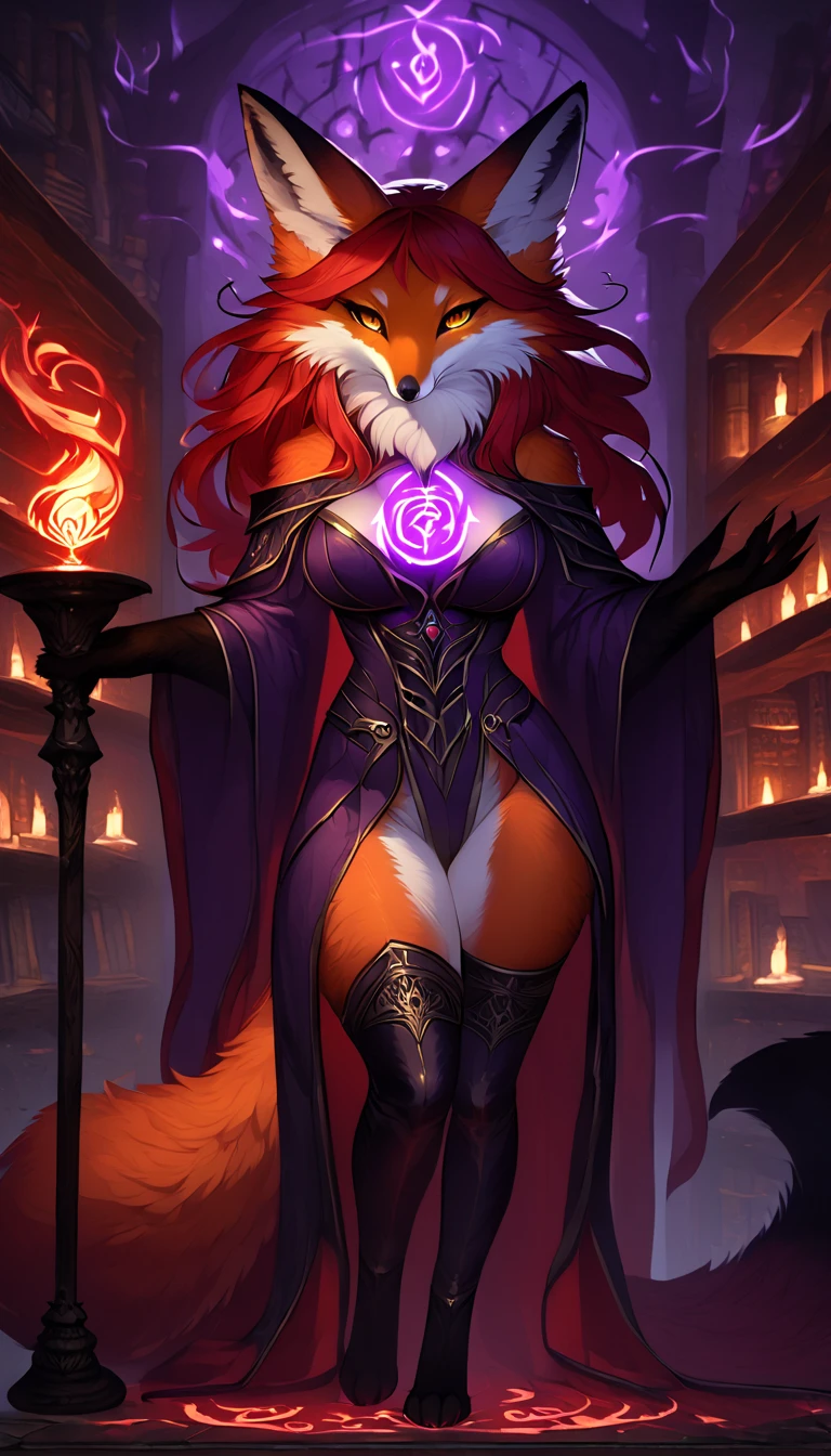 red fox, female, vixen, beautiful, hair, yellow eyes, full body, moody, elegant, mysterious, highres, unparalleled masterpiece, perfect artwork, absurdres, masterpiece, (kemono, furry anthro), side view, standing, wearing a sexy and elegant sorceress outfit, revealing outfit with exposed thighs, sexy thigh highs, wearing thigh highs, red embroidery, (red and black outfit), (long fluffy fox tail), classic sorceress outfit, casting purple magic, purple flame, kitsune, sexy body, voluptuous, torch on wall, (inside, bookshelf, incantations on walls)