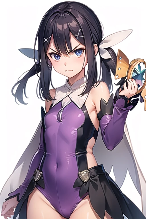 (best quality, masterpiece, detailed:1.1), HD, anime colored, (beautiful detailed eyes, extremely detailed face:1.3), perfect lighting, extremely detailed CG, (perfect hands, perfect anatomy), (white background only:1.3),
BREAK, miyu edelfelt, 1girl, solo, breasts, twintails, small breasts, black hair, 
BREAK, detached sleeves, magicalgirluniform, cape, leotard, magical girl, x hair ornament white cape, purple leotard, purple sleeves, bare shoulders,
BREAK, standing, (angry:1.2), (disdain:1.2, contemptuous:1.3),
BREAK, (from front:1.3), (cowboy shot:1.2),