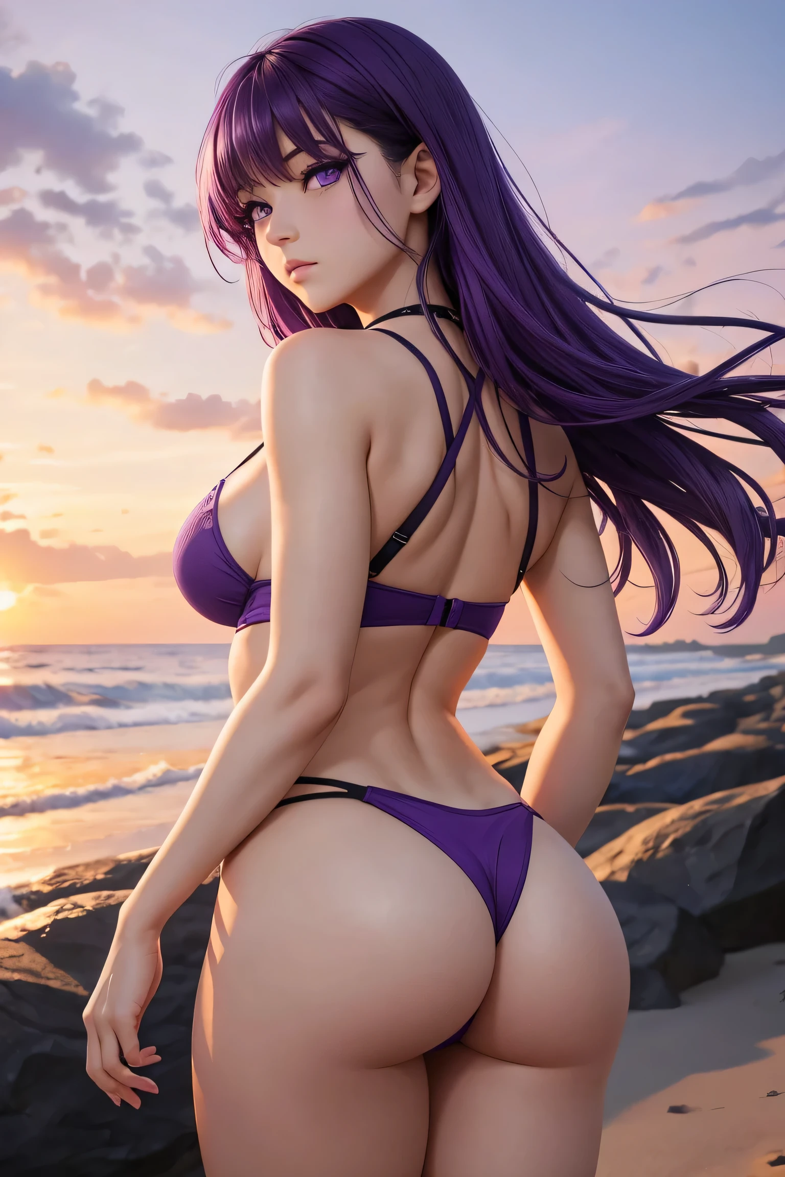 (masterpiece）、（Best image quality）、（Very detailed）、（Very detailed）、4K、（8K）、(Best image quality)、(Beauty)、(High resolution）
 1 girl,  Purple Hair, Long Hair,   ((Bite into T-back))、（Protruding nipples）､Erect nipples、Thick thighs、Wet Skin､A light smile､Noise Reduction､(Showing off your crotch)､Emphasis on the crotch､Poolside、squat､barefoot､sexual excitement､Front Low Angle､Night Pool、Sweaty