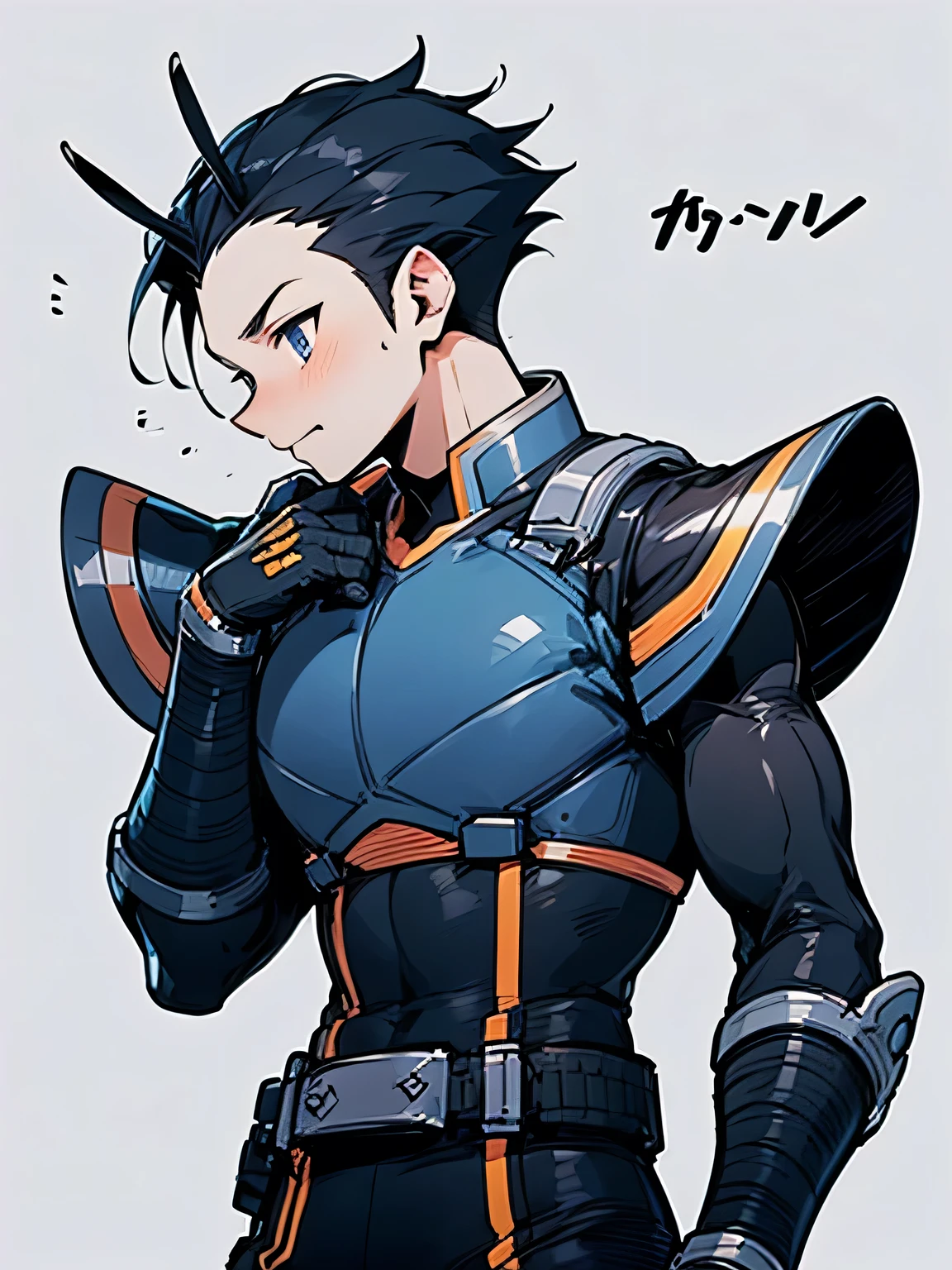 sideview,Alone,deep blue spiky hair,ninja mask,male'eyes ,male's nose,male's mouth,muscle,forehead, Rider Belt,gloves, antennae,black bodysuit,bodysuit, ,belt, armor,action pose,white simple background,(manga style),(sketch),(illustration),