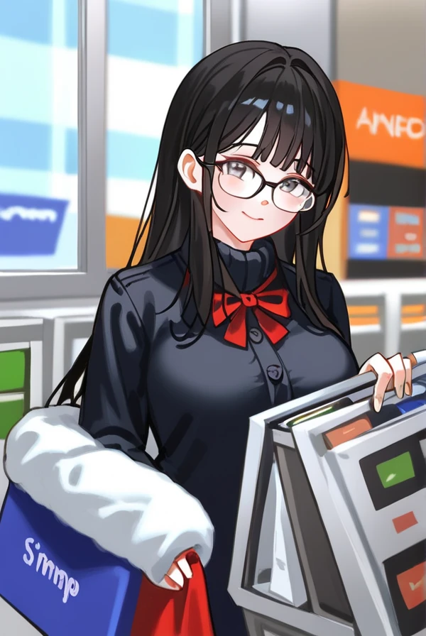 Black hair, long hair, glasses, winter clothes, shopping, shopping mall