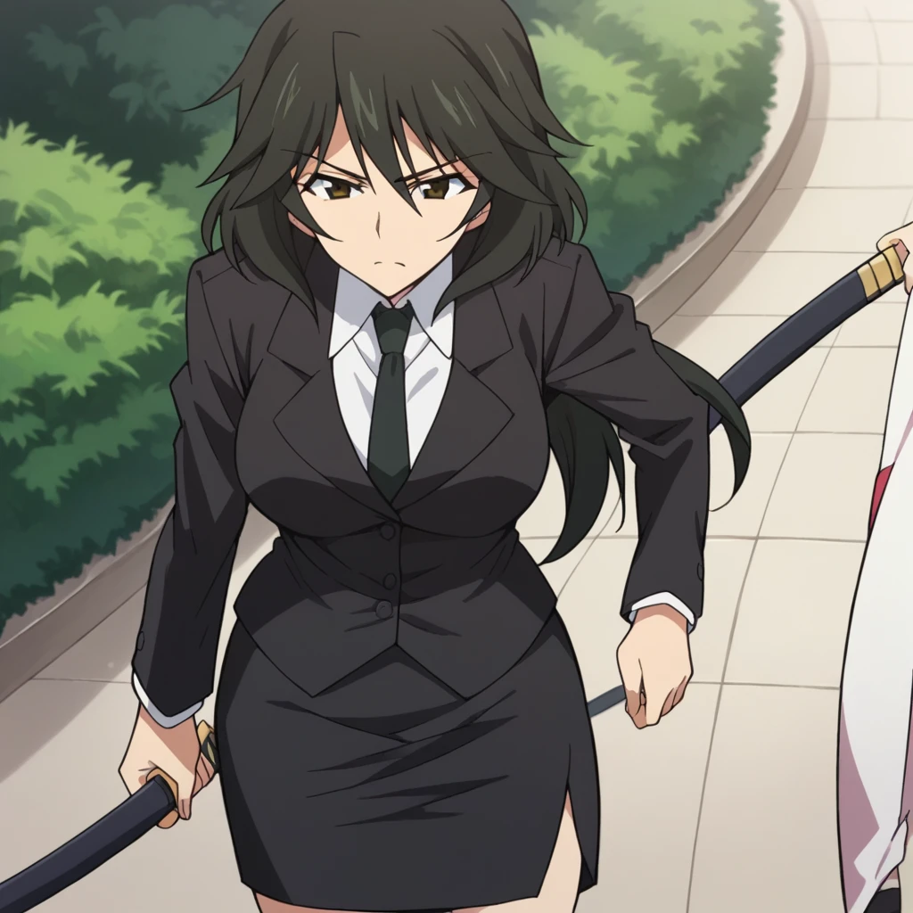 Orimura&#39;Pet, Long Hair, bangs,  black hair,  hair between eyes,  Brown Eyes ,
 skirt,  shirt,  Long Sleeve ,  jacket, white  shirt, tie, black  skirt, black  jacket, formal, suit, black tie, pencil  skirt,  skirt suit,Big Breasts　　wilderness　evening　 Japanese Katana:(Meitomura Tadashi )　Two-Way　Kamidan Kari 　Slash　