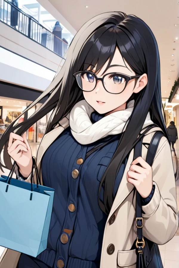 Black hair, long hair, glasses, winter clothes, shopping, shopping mall